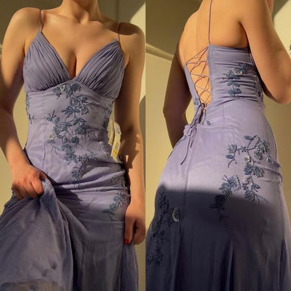 Simple Blue Spaghetti Straps Long Backless Prom Dress SH1153