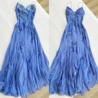 Simple Blue Spaghetti Straps Long Backless Prom Dress SH1153