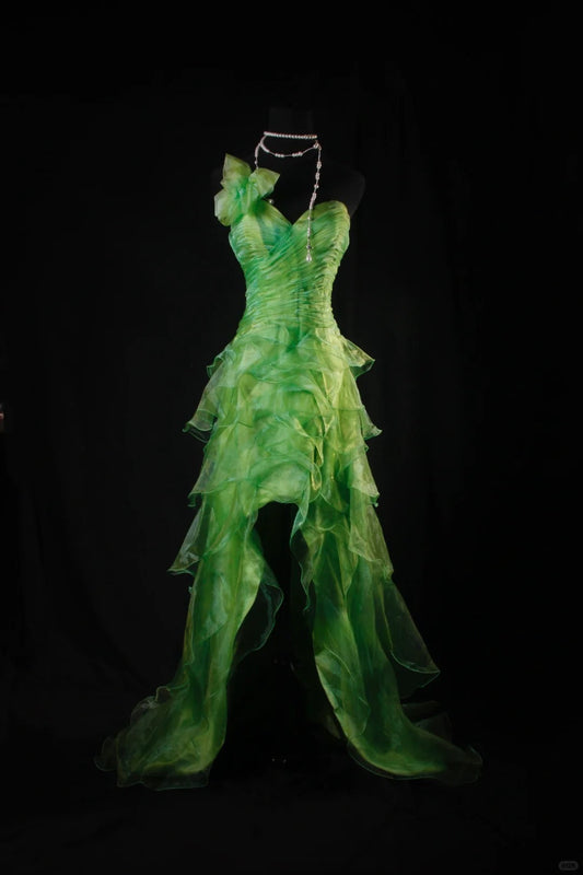 Vintage Green One Shoulder Birthday Dress Hi-Lo Evening Gowns Fairytale Tulle Prom Dress ED03741
