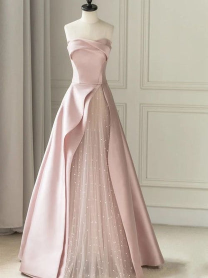 Elegant Sleeveless Satin A-Line Floor-Length Evening Gown Slit with Tulle Strapless Prom Dress GG004