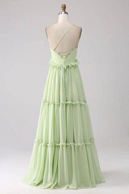 Sexy Ruffles A Line Dress V-neck With Lace-Up Back Prom Dresses GG007
