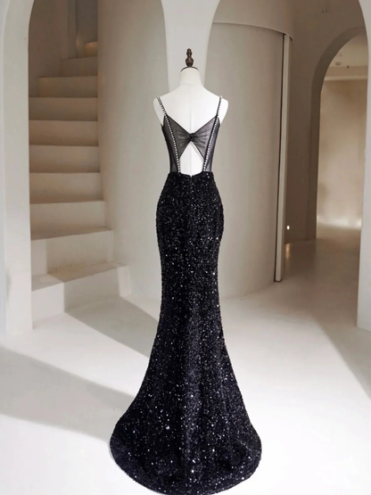 Delicate Black Mermaid Square  Sequins Long Prom Dresses GG008