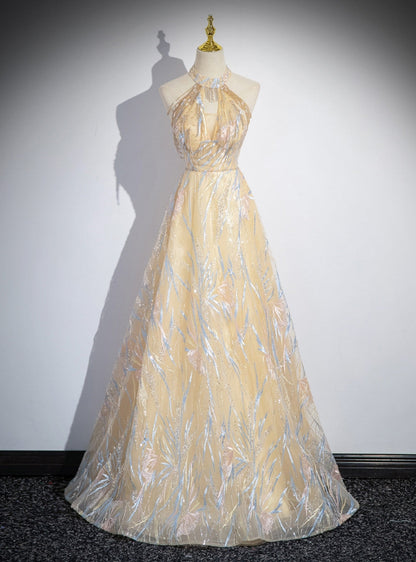 Delicate A line Champagne Tulle Halter Beading Prom Dress GG009