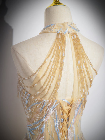 Delicate A line Champagne Tulle Halter Beading Prom Dress GG009