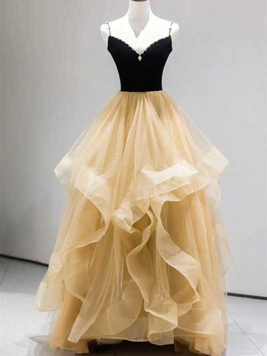 Shiny Champagne Tulle Long Prom Dresses with Black Top, Fluffy Long Champagne Formal Evening Dresses GG010