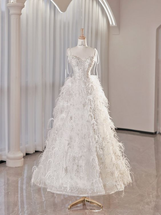 Shiny A Line White Sweetheart Neck Imitation Feather Long Prom Dresses , Formal Evening Dresses GG011