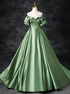 Elegant A Line Strapless Green Satin Long Prom Dresses  GG013