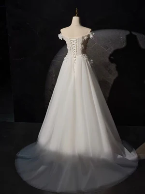 Delicate A Line Off the Shoulder White Lace Prom Dresses, White Lace Formal Evening Dresses  GG018