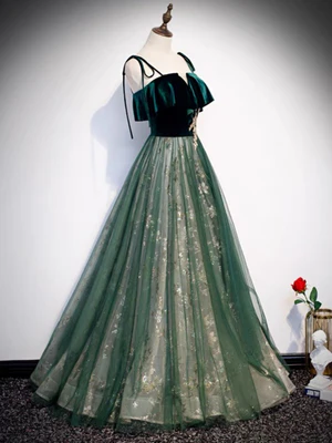 Delicate A Line Dark Green Spaghetti straps Velvet Lace Sequin Long Prom Dresses GG019