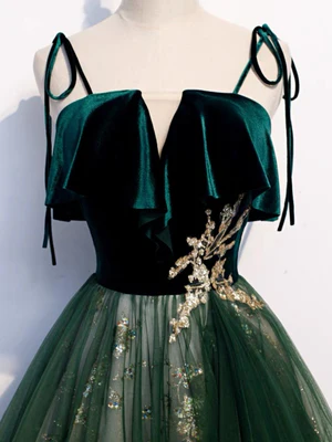 Delicate A Line Dark Green Spaghetti straps Velvet Lace Sequin Long Prom Dresses GG019