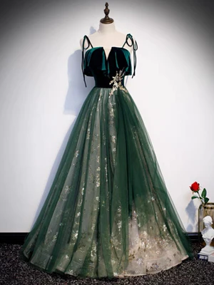 Delicate A Line Dark Green Spaghetti straps Velvet Lace Sequin Long Prom Dresses GG019