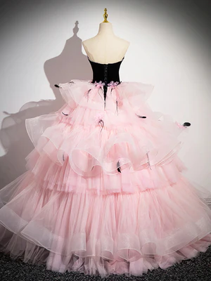 Gorgeous Beaded Pink Tulle Long Prom Dresses with Black Velvet top,Formal Evening Dresses, Ball Gown GG021