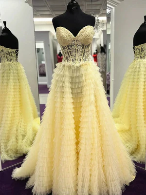 Elegant Sweetheart Neck Yellow  Lace Prom Dresses, Strapless Multi Layers Long Lace Formal Dresses  GG023