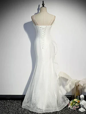 Shiny Sequins White Mermaid Spaghetti strap Tulle  Long Prom Dresses, White Mermaid Long Formal Evening Dresses GG030