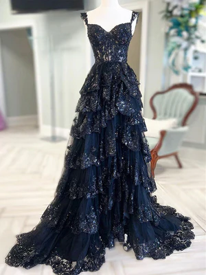 Delicate A Line Sweetheart Neck Navy Blue Sequin Tiered Ball Gown Long Prom Dresses, Sequin Long Formal Dresses  GG035