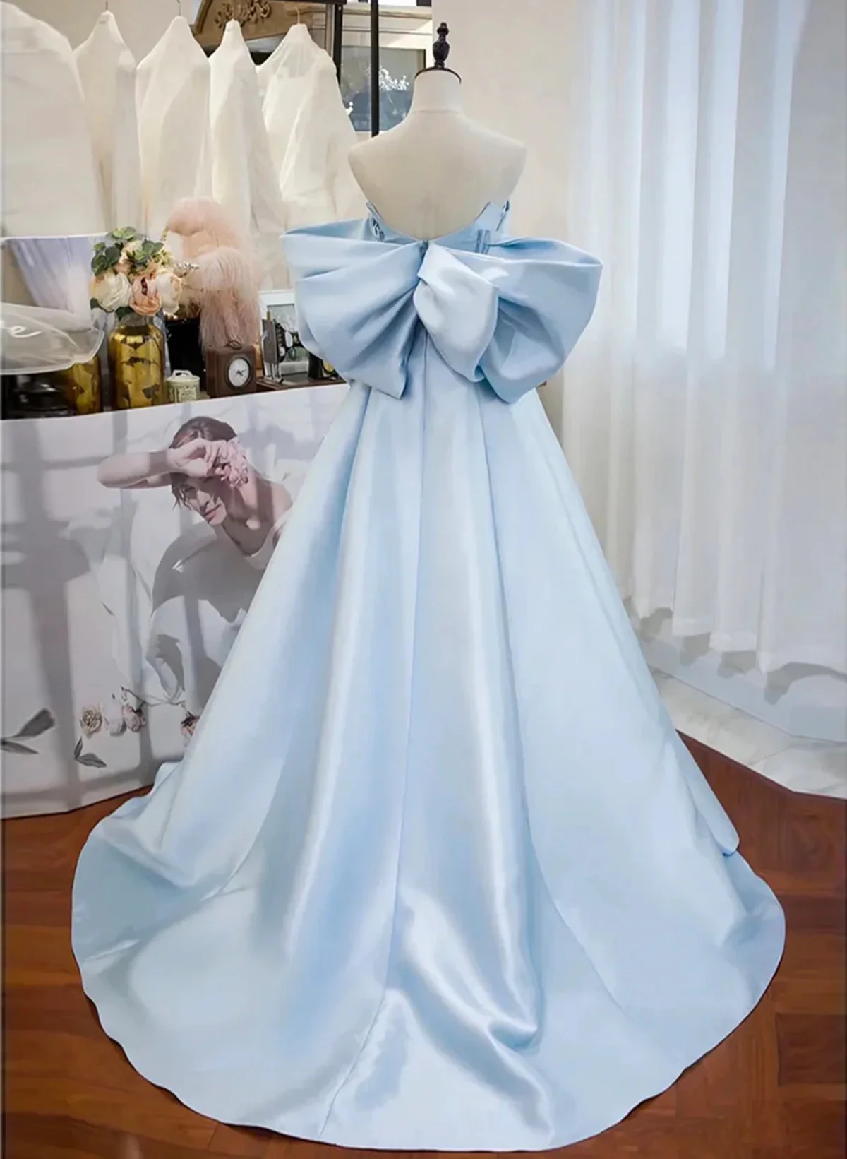 Elegant A Line Sweetheart Neck Off the Shoulder Light Blue Satin Long Prom Dresses, Long Formal Evening Dresses  GG036
