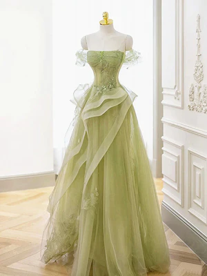 Elegant A Line Off the Shoulder Green Tulle Lace Long Prom Dresses, Formal Evening Dresses  GG037