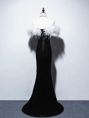 Elegant Black Velvet Mermaid Off the Shoulder Long Prom Dresses, Formal Evening Dress GG039