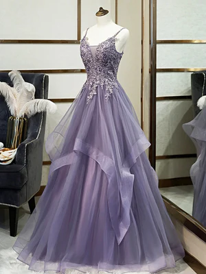 Elegant Purple A Line V Neck Lace Prom Dresses, Purple V Neck Lace Formal Evening Dresses GG040