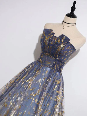 Elegant A Line Blue Ombre Long Lace Prom Dresses, Blue Long Lace Tulle Formal Evening Dresses GG041