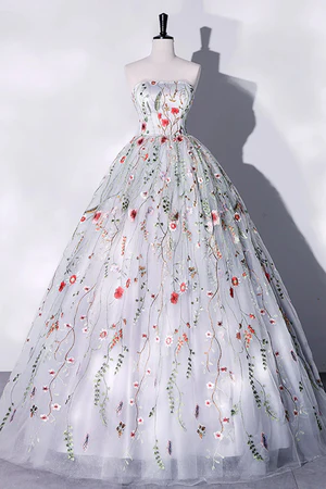 Delicate A Line Gorgeous Strapless White Long Lace Prom Dresses, Ivory Floral Long Formal Evening Dresses GG043