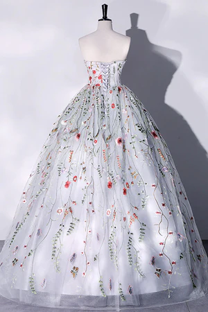 Delicate A Line Gorgeous Strapless White Long Lace Prom Dresses, Ivory Floral Long Formal Evening Dresses GG043