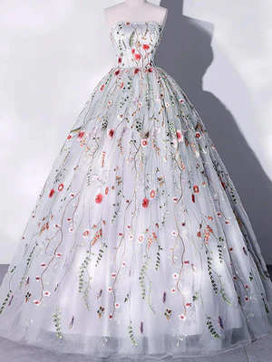 Delicate A Line Gorgeous Strapless White Long Lace Prom Dresses, Ivory Floral Long Formal Evening Dresses GG043