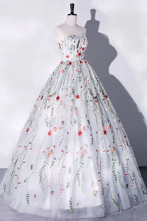 Delicate A Line Gorgeous Strapless White Long Lace Prom Dresses, Ivory Floral Long Formal Evening Dresses GG043