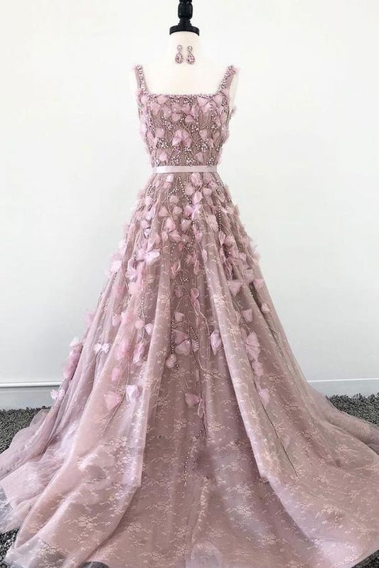 New Unique A Line Square Beading Pink Tulle Long Prom Dress, Tulle Evening Dress GG044