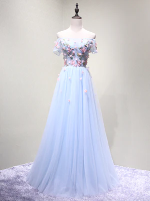 New A Line Off the Shoulder Light Blue Floral Long Prom Dresses, Formal Evening Dresses GG045