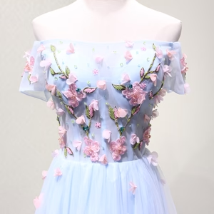 New A Line Off the Shoulder Light Blue Floral Long Prom Dresses, Formal Evening Dresses GG045
