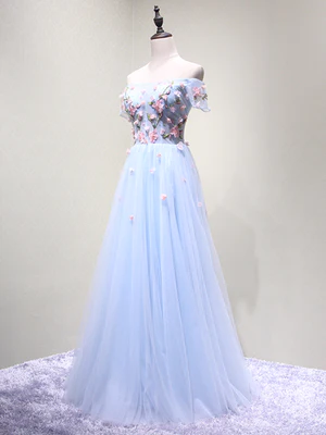 New A Line Off the Shoulder Light Blue Floral Long Prom Dresses, Formal Evening Dresses GG045