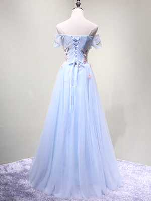 New A Line Off the Shoulder Light Blue Floral Long Prom Dresses, Formal Evening Dresses GG045