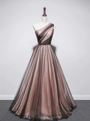 New A Line One Shoulder Brown Tulle Prom Dresses, Brown Tulle Formal Evening Dresses GG047