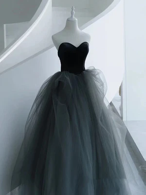 New A Line  Sweetheart Neck Gray Tulle Long Prom Dresses Gray Tulle Long Formal Graduation Dresses  GG048
