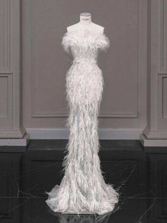 New Exquisite Mermaid  White Strapless With Imitation Feather Long Prom Dresses,  Formal Evening Dresses GG051
