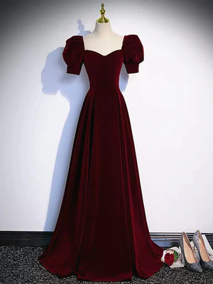 Elegant A Line Short Bubble Sleeves Burgundy Long Prom Dresses, Wine Red Long Formal Evening Dresses GG052