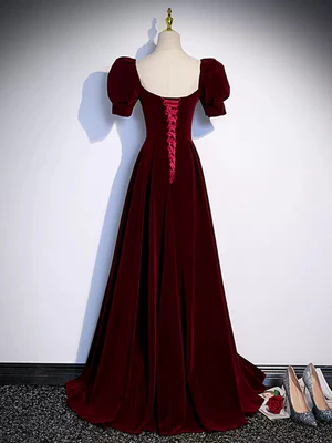 Elegant A Line Short Bubble Sleeves Burgundy Long Prom Dresses, Wine Red Long Formal Evening Dresses GG052