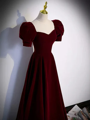 Elegant A Line Short Bubble Sleeves Burgundy Long Prom Dresses, Wine Red Long Formal Evening Dresses GG052