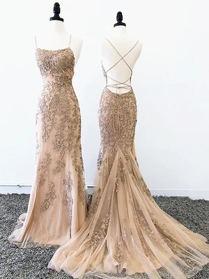 Delicate Backless Mermaid Spaghetti Straps Champagne Embroidery Lace Prom Dress, Formal Dress GG056