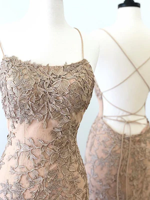 Delicate Backless Mermaid Spaghetti Straps Champagne Embroidery Lace Prom Dress, Formal Dress GG056