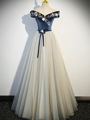 Delicate A Line Off the Shoulder Flower waist Navy Velvet Long Tulle Prom Dresses, Long Formal Evening Dresses GG057