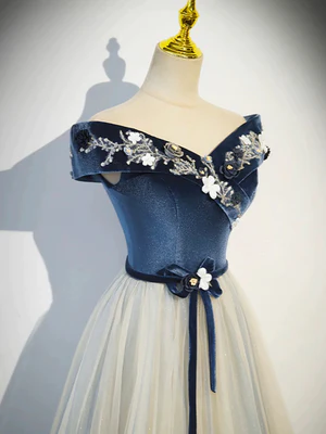 Delicate A Line Off the Shoulder Flower waist Navy Velvet Long Tulle Prom Dresses, Long Formal Evening Dresses GG057