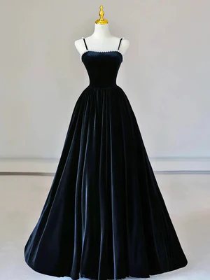 Elegant A Line Dark Navy Blue Velvet Pearl Spaghetti Straps Long Prom Dresses, Long Formal Evening Dresses GG058