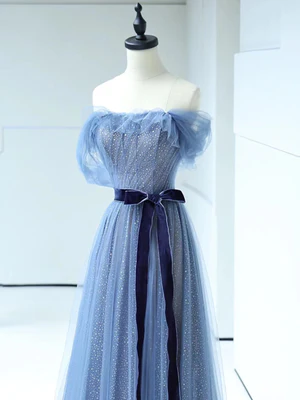 Shiny A Line  Off the Shoulder Bow-knot Waist Blue Tulle Prom Dresses, Blue Long Formal Evening Dresses GG059