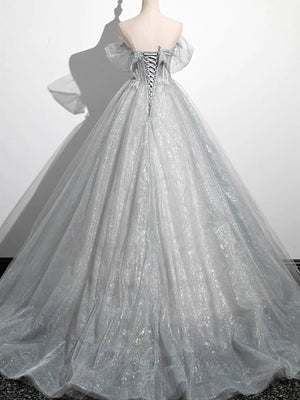 Shiny A Line Off The Shoulder Beaded Silver Gray Tulle Lace Prom Dresses, Silver Gray Long Lace Formal Evening Dresses GG061