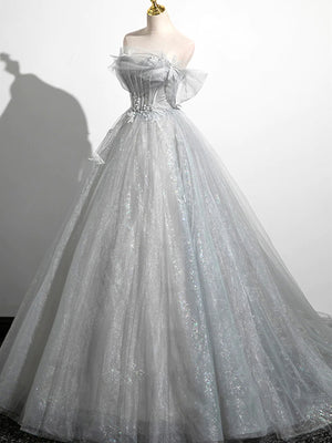 Shiny A Line Off The Shoulder Beaded Silver Gray Tulle Lace Prom Dresses, Silver Gray Long Lace Formal Evening Dresses GG061
