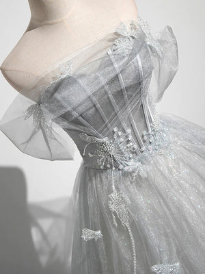 Shiny A Line Off The Shoulder Beaded Silver Gray Tulle Lace Prom Dresses, Silver Gray Long Lace Formal Evening Dresses GG061