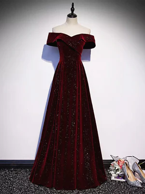 New Elegant A-line Off the Shoulder Burgundy Velvet Sequin Long Prom Dresses, Wine Red Long Formal Graduation Dresses GG064