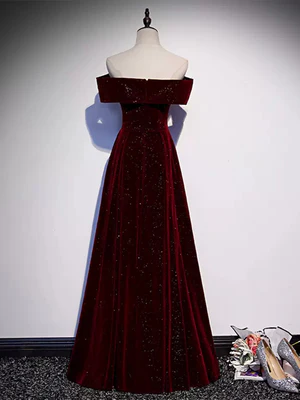 New Elegant A-line Off the Shoulder Burgundy Velvet Sequin Long Prom Dresses, Wine Red Long Formal Graduation Dresses GG064